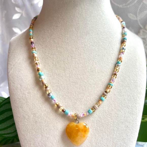 Multicolor Beaded Necklace with Heart Pendant - Picture 2 of 4